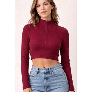 No Boundaries Burgundy Ribbed Crop Top Zip Front Long Sleeve Size S